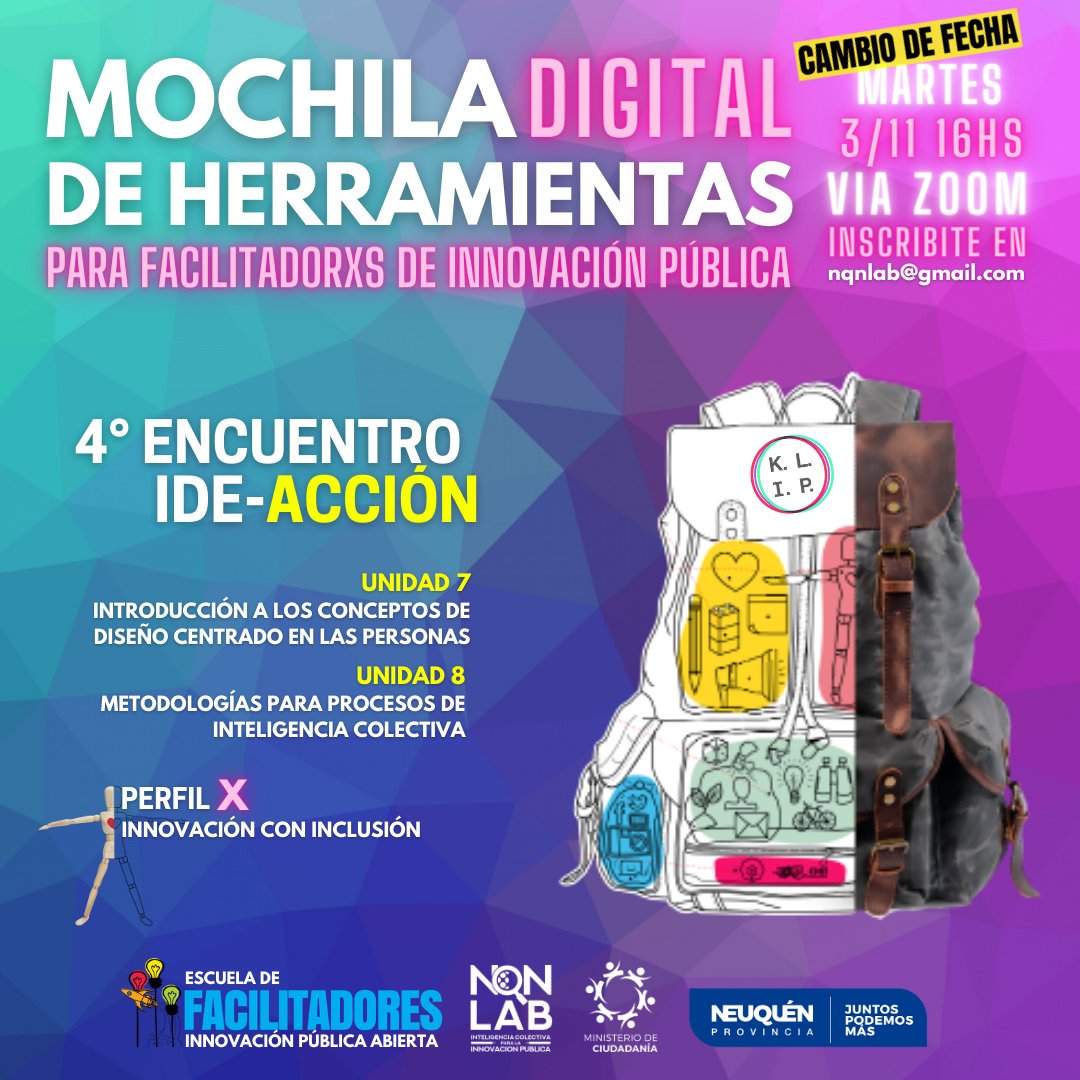 NQN_LAB's tweet image. Se viene 4to Encuentro #MochilaDigital 🎒🛰️
Desarrollar habilidades y herramientas para la #InnovacionPublicaAbierta de cara a los retos de esta nueva realidad! En este capítulo: repensar gobiernos como potenciales ecosistemas creativos y metodologías p/la #InteligenciaColectiva