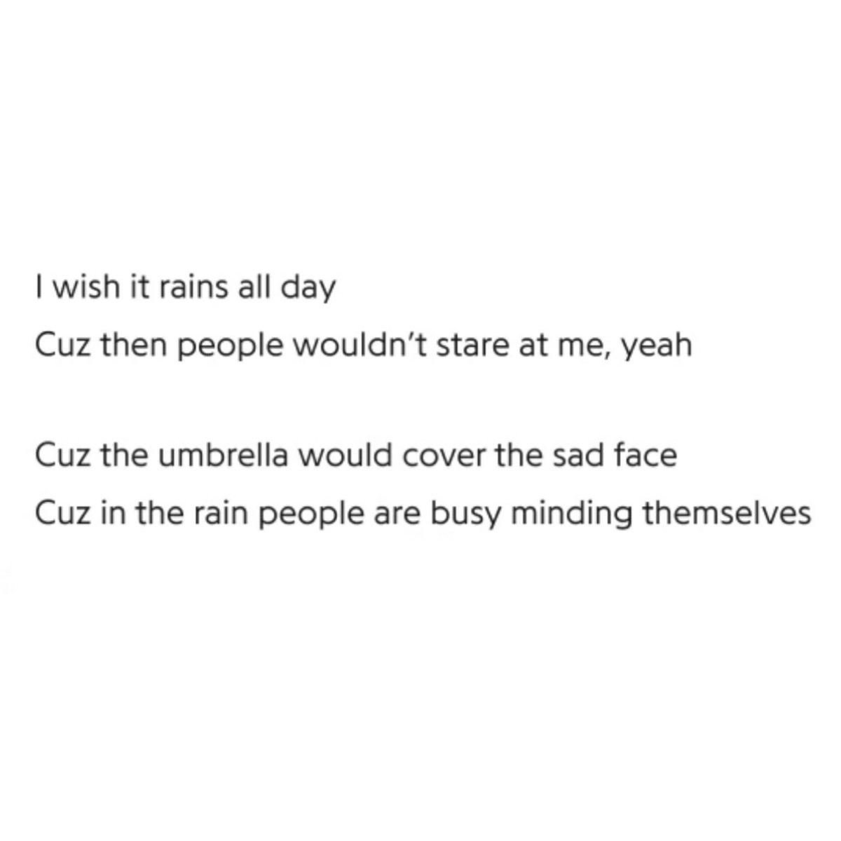 "Cuz the umbrella would cover the sad face": the umbrella is probably symbolic of the darkness that falls on removal of the limelight, in the superficial aspect, on a deeper note, it could be his own darkness, n our own individual darkness, that all of us, incl. Joon hold within+