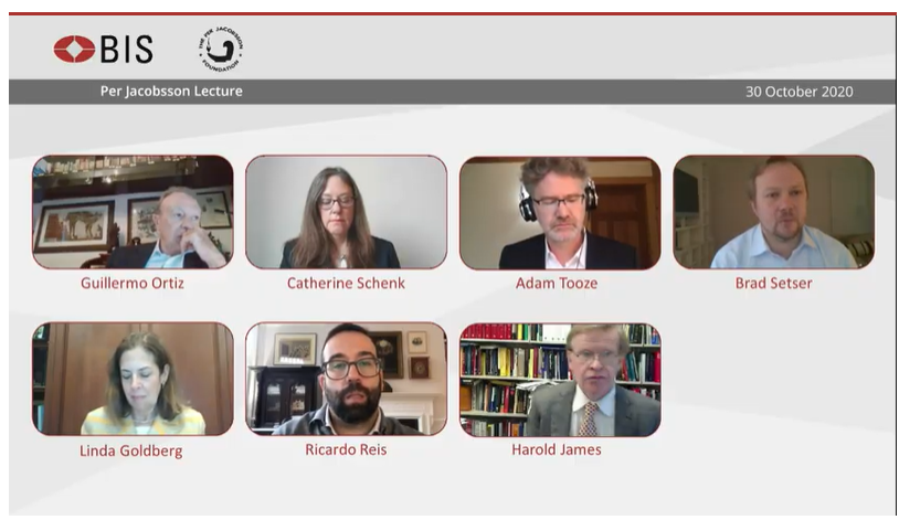 BIS_org's tweet photo. Thanks to all who participated in the #PerJacobssonLecture 2020: Catherine Schenk, Guillermo Ortiz, Adam Tooze, Brad Setser, Linda Goldberg, Ricardo Reis & Harold James. ICYMI, video available https://t.co/VytZB7Ln8p https://t.co/zOlXVvmACz