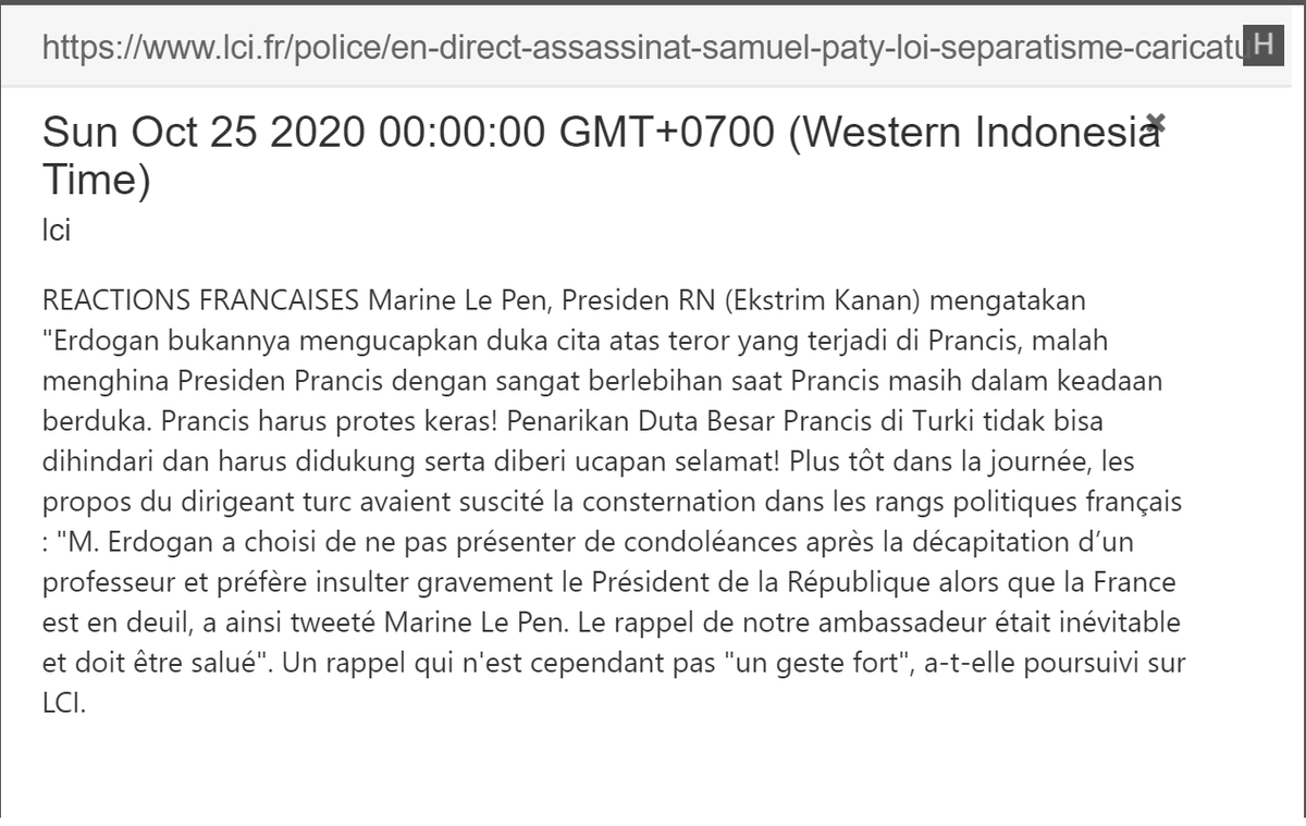  @MLP_officiel yg biasanya merundung  @EmmanuelMacron kali ini sangat membela rival politiknya ini, dan tidak terima dgn pernyataan  @RTErdogan! Kalau begini kasusnya,  #NousSommesUnis - Kami (Prancis) bersatu.