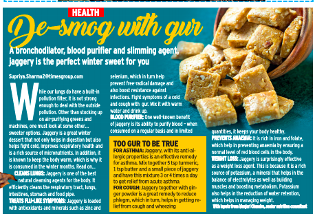 TOIStudent's tweet photo. #TOIstudent #health #tip: A bronchodilator, blood purifier and slimming agent, Jaggery is the perfect winter sweet for you. It cleans your lungs, treats flu-like symptoms, prevents anaemia and more! Download and read the Times NIE Online #weekend edition. 
#healthylifestyle https://t.co/AA7qaQlo4L