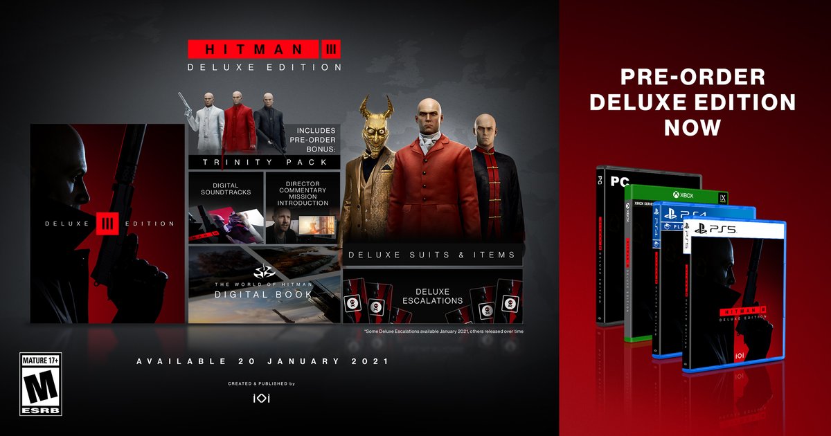 IOInteractive's tweet photo. Pre-order your physical copy of HITMAN 3 starting today!

✅ Free next-gen upgrade
✅ Xbox Smart Delivery
✅ Deluxe &amp; Standard Edition
✅ Trinity Pack bonus

📄 https://t.co/C8lFN8s3UM https://t.co/MleSqom48g