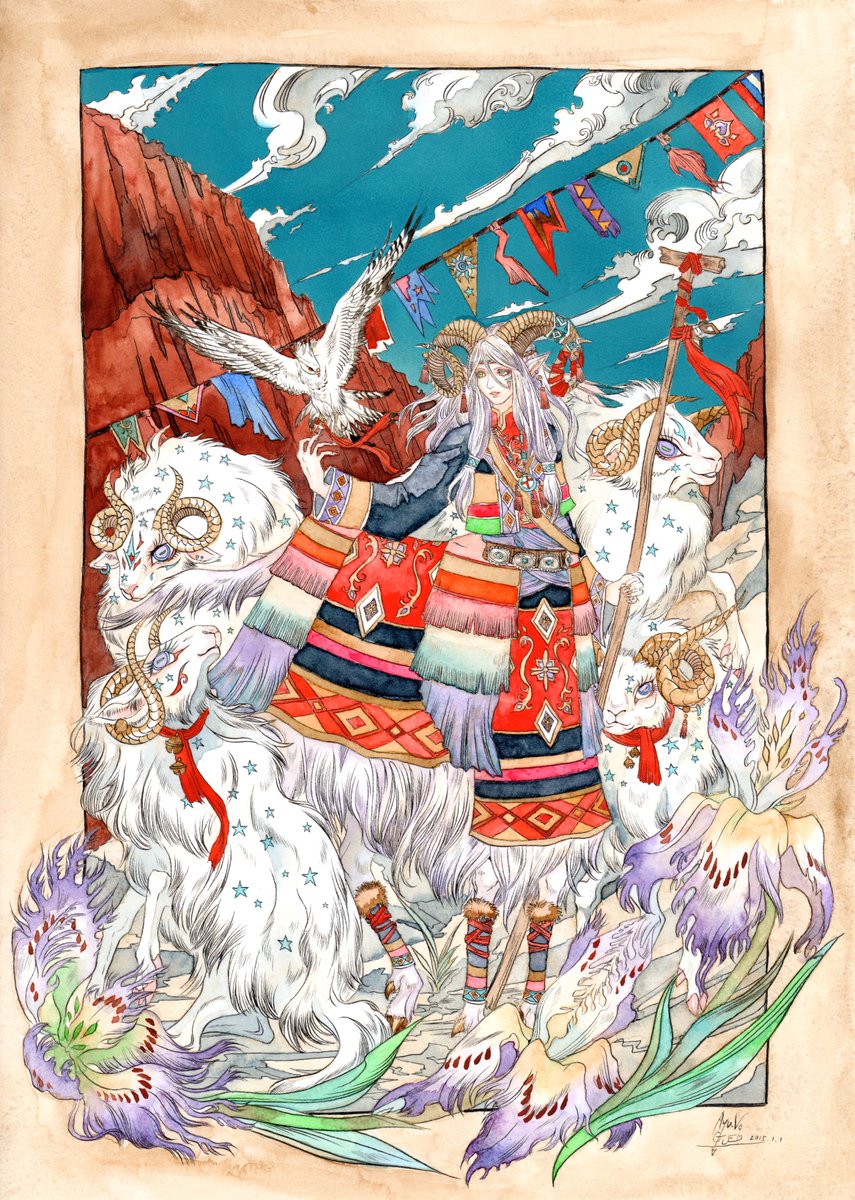 この二枚の絵はまあ同じ絵なんですけど(アナログかデジタルかの違い)、平沢進さんのハルディン・ホテルの「雪解けの裾でヤギは空を仰ぐ」の部分の歌詞から勝手にイメージして描いた絵です。
今こうゆう絵を描きたくてもなかなか描けないね…。
色々あったもんね…またいつか。