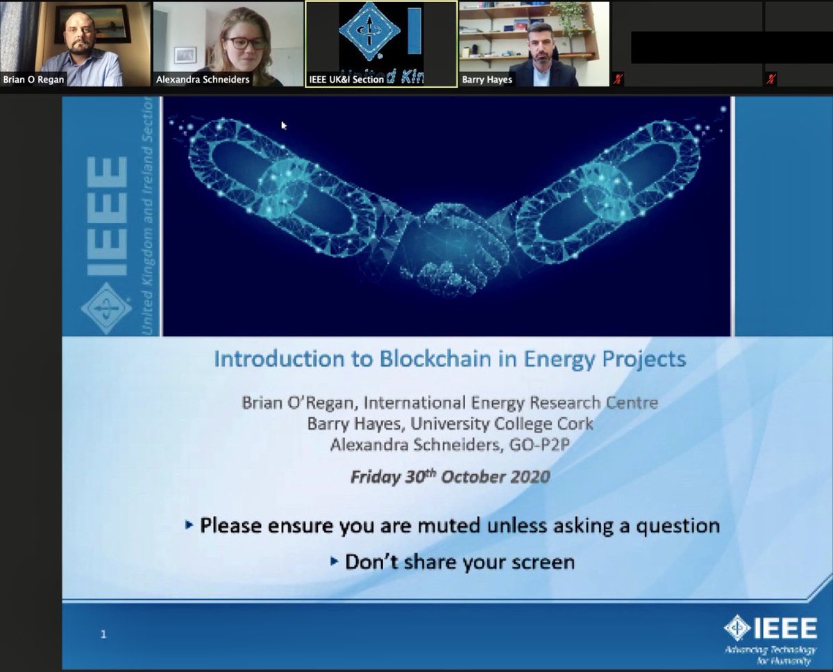 Brian_O_Regan's tweet photo. Many thanks to @ieee_uk_ireland, Richard and Susan, for giving @_barryhayes @LexScn and I the opportunity to present some our projects in this Blockchain in Energy webinar this afternoon, covering @IERC_Info projects @centsproject @enerport_ie and @IEA GO-P2P @USERSTCP https://t.co/kdW6Wocl9E