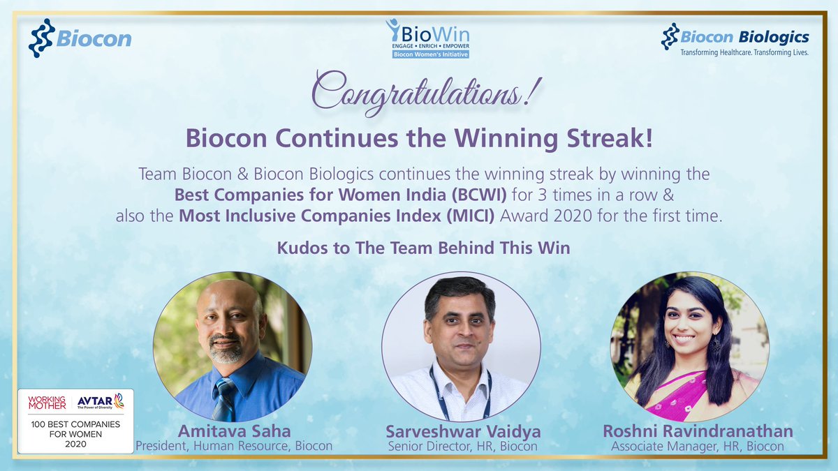 Bioconlimited's tweet photo. Congratulations, Team #Biocon and #BioconBiologics for winning the Best Companies for Women India (BCWI) 3 times in a row and also winning the Most Inclusive Companies Index (MICI) Award 2020 for the first time. #BCWI2020 https://t.co/daVvlvPS8U