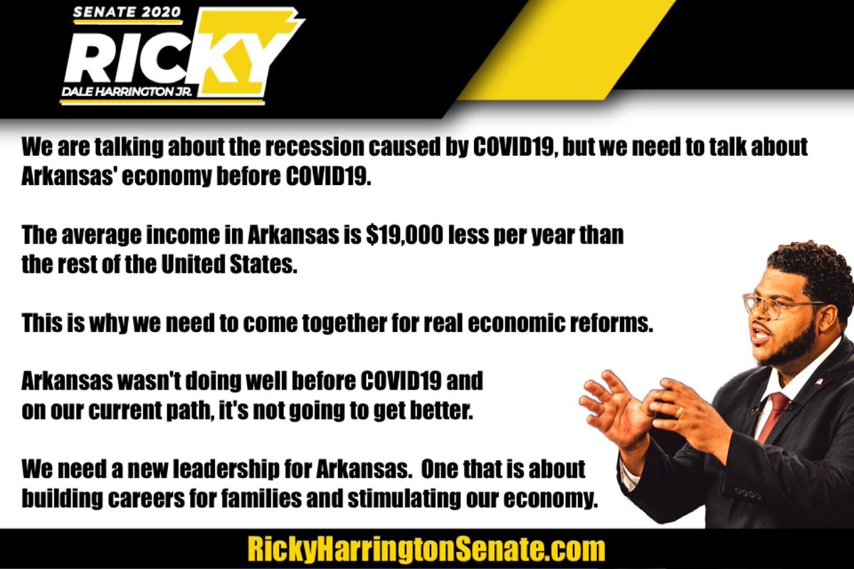 RickDHarrington's tweet photo. #ArkansansFirst #PeopleOverPolitics #TomCottonNeedsToGo

You matter. Your families matter. Your voices matter.
We need real economic reform. We need a Senator that cares.

#Vote #VoteGold #Vote2020 #RickyForSenate #Libertarian https://t.co/brPxCuVoF8