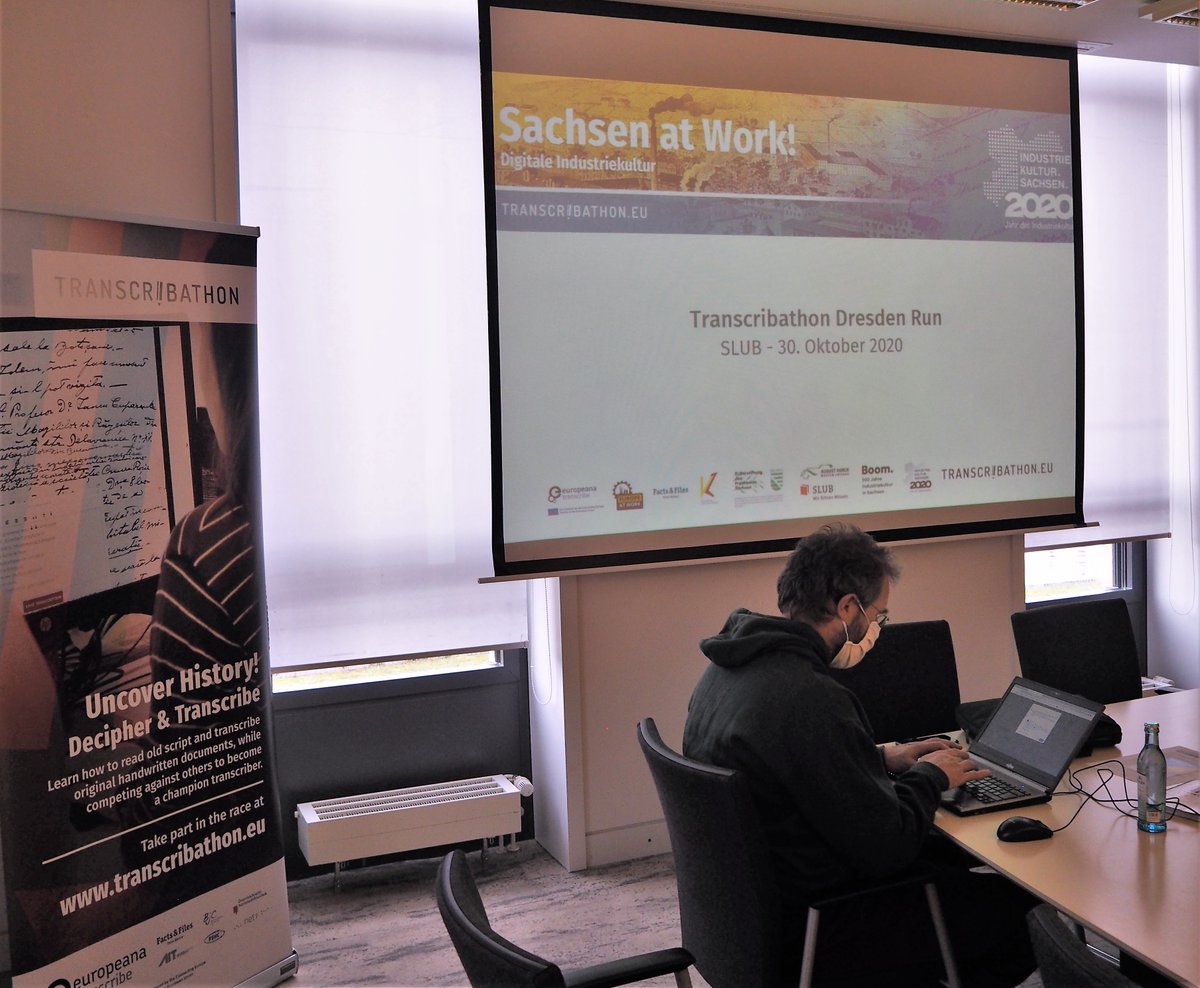 transcribathon's tweet photo. Noch 2 Stunden to run! 10 Sprinter transkribieren beim #Dresden Run von #SacshenatWork an der @SLUBdresden um die Wette. @FFHistorians @Europeanaeu #EuropeAtWork @industrieNet #DigitaleIndustriekultur #Transcribathon #citizenscience #industriekultur2020 @saxorum https://t.co/a812fCRMVI