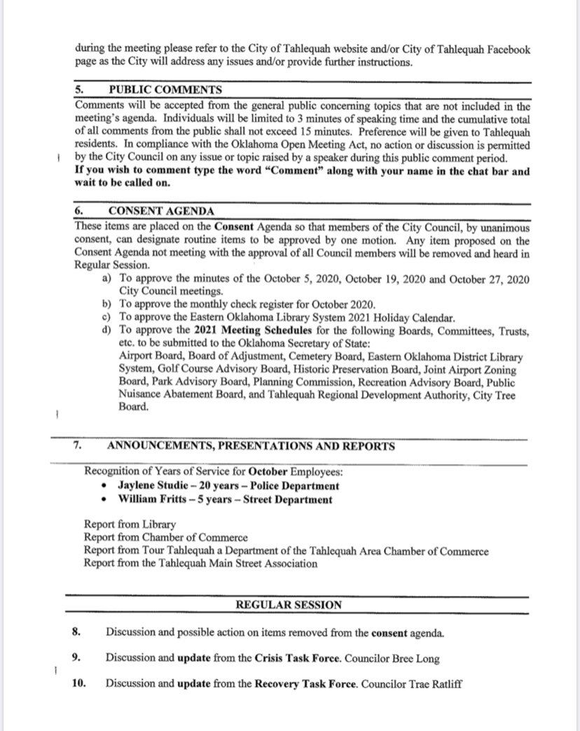 CityofTahlequah's tweet image. Here’s the agenda for the next City Council meeting, scheduled for 7 p.m. on Nov. 2 via Zoom