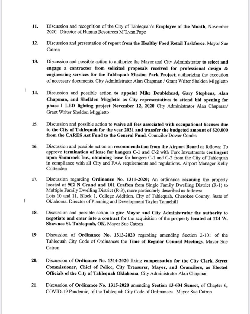CityofTahlequah's tweet image. Here’s the agenda for the next City Council meeting, scheduled for 7 p.m. on Nov. 2 via Zoom