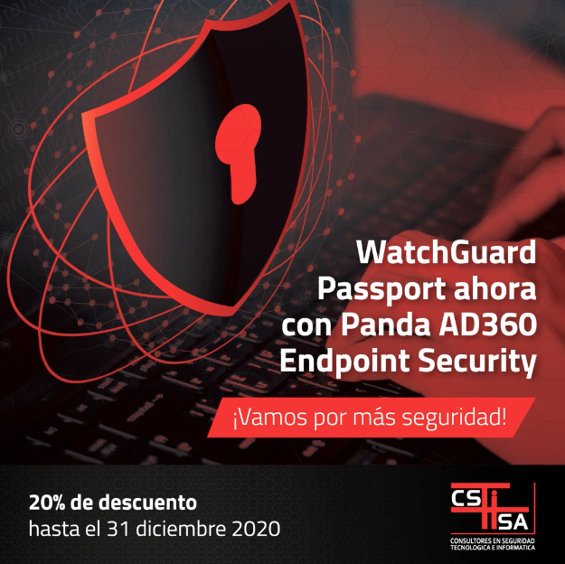 CSTISA's tweet photo. WatchGuard Passport ahora con Panda AD360 Endpoint Security.  Adquiere en CSTISA el paquete que incluye a AuthPoint (MFA), DNSWatchGO y Panda AD360 con un 20% de descuento hasta el 31/12/2020.

#CSTISA siempre vamos por más seguridad! https://t.co/lIrozMVAOL