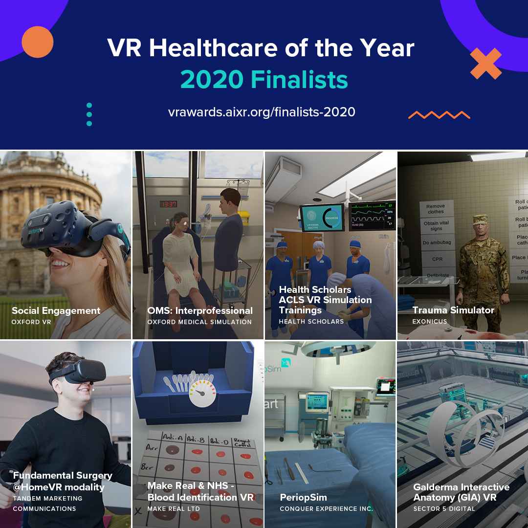 Our finalists for 'VR Healthcare of the Year' ⚕️ have certainly made huge impacts in the healthcare industry but who will take home the title?

<a href="/FundamentalSurg/">Fundamental Surgery</a>, <a href="/Sector5digital/">Sector 5 Digital</a>, <a href="/HealthScholars1/">Health Scholars</a>, @MakeRealVR &amp; <a href="/NHS/">@NHS</a>, <a href="/vrmedicalsim/">Oxford Medical Simulation</a>, <a href="/periopsim/">PeriopSim</a>, <a href="/Oxford_VR_Ltd/">Oxford VR</a>, @TraumaSimulator