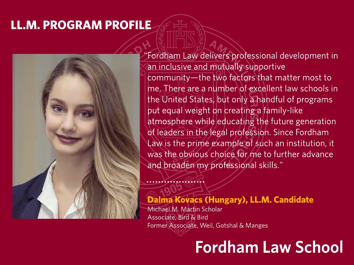 FordhamLawINTL's tweet photo. #LLM Program Profile - Dalma Kovacs, LL.M. Candidate
Michael M. Martin Scholar
Associate, Bird &amp; Bird
Former Associate, Weil, Gotshal &amp; Manges

#FordhamLaw #LLMStudent https://t.co/xFg3gxpY0y
