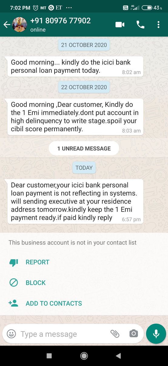 SwatiPalkar3's tweet photo. #OperationHaftaVasooli @Bhanupr79742004 @AgainRights @AnilSinghvi_ @LCAI_Support @RBI @SaveThemIndia 

Again I received message from same number on whatsapp. Now I am so fed up with ICICI Bank Recovery Agents calls. I told them that currently I am not having money for payment. https://t.co/pFdSnldcSu