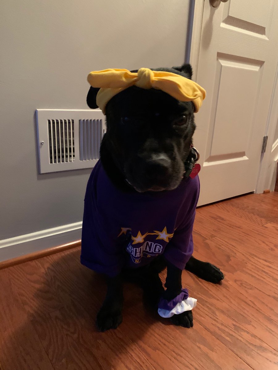 PHESgrade4's tweet photo. Ms. Roussey and her pup Aggie are showing their #PHESpride Happy purple Friday! #AACPSAwesome #SpiritWeek https://t.co/xLa3B42iI5