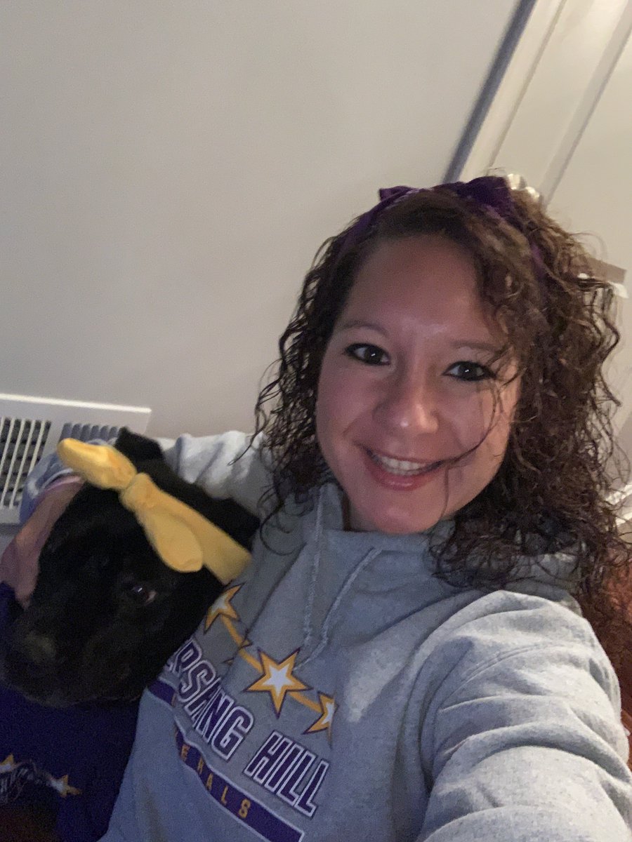 PHESgrade4's tweet photo. Ms. Roussey and her pup Aggie are showing their #PHESpride Happy purple Friday! #AACPSAwesome #SpiritWeek https://t.co/xLa3B42iI5