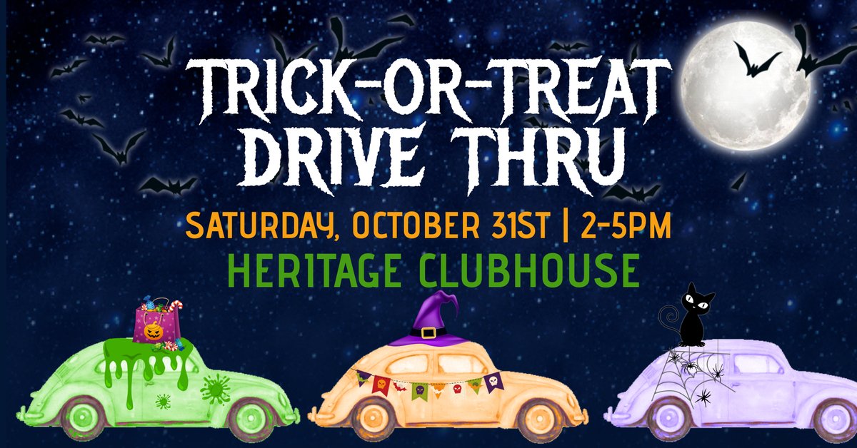 heritagehoa's tweet photo. Hello! Make sure to join us this Halloween from 2pm-5pm for a Drive-Thru Trick or Treat! We will be handing out candy and playing some monstrous tunes in front of the Heritage Clubhouse! https://t.co/dSJwY3Vpki