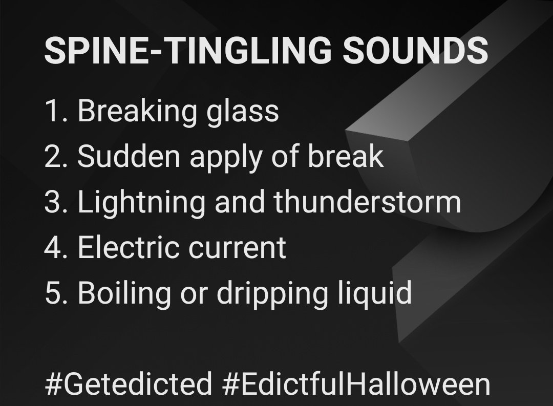 Dinesh_the_star's tweet photo. @GetEdicted 1. Breaking glass
2. Sudden apply of break
3. Lightning and thunderstorm
4. Electric current
5. Boiling or dripping liquid
#Getedicted #EdictfulHalloween @GetEdicted
Join-
@Gurdeep0003
@Smiley_Bharati
@Tuaa74
@harssh98
@iSuvo_Live
@Vigneshacc
@tweettovikki https://t.co/LqS105Afkd