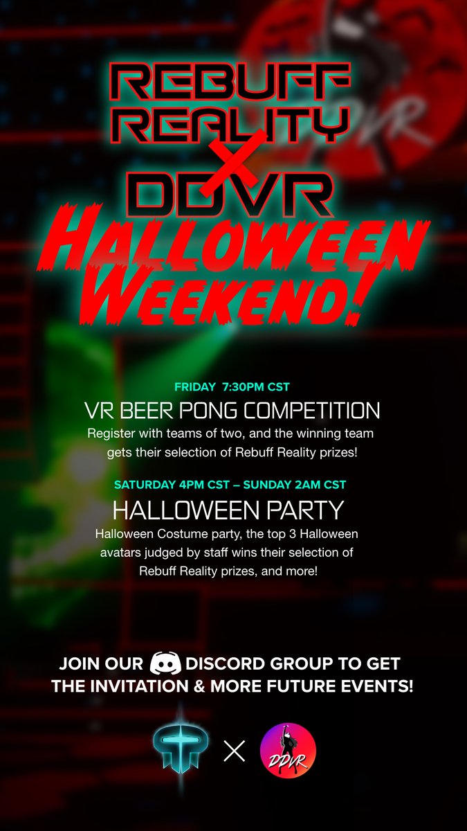 RebuffReality's tweet photo. Happy Halloween party weekend! π
Join us in #VRChat @ClubDdvr for VR Beer Pong Competitions and the long set party on Saturday night!
Join our Discord group for instance link: https://t.co/w4G5OiHZvE
#RebuffReality #TrackStrapPlus #VRShell #VRPower #FullbodyTracking #DanceinVR https://t.co/rCsKj65RcQ