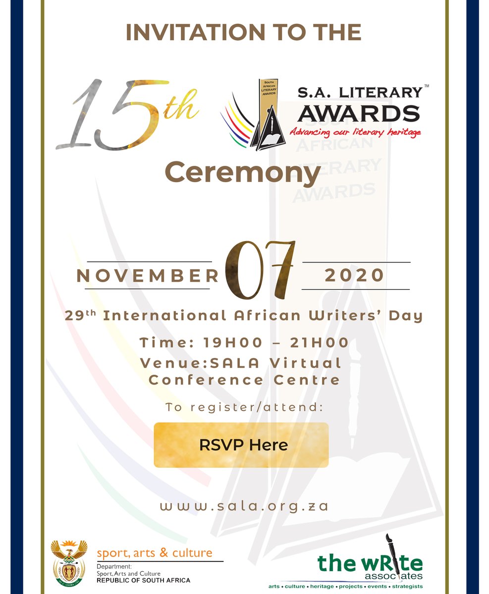 SALA_Awards's tweet photo. Dear Friends 
We invite you to join us on the 7th of November 2020, as we celebrate the South African authors.
Please click on the link below to register and you will get an email with details for the event 
Link --> https://t.co/csru1wZXX5 https://t.co/p9PdsN7pHL