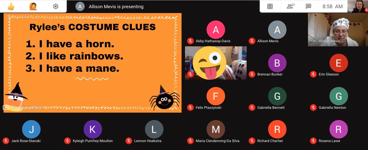 MrsBoomsma's tweet photo. Who said you can’t have 🎃 Halloween🎃 fun in virtual school?! Today our FDK’s wrote 3 clues describing their costumes and took turns guessing! We also played a few rounds of virtual Halloween BINGO with a focus on beginning sounds! #virtualFDK #HappyHalloween #sccdsb https://t.co/16L38QKl3p