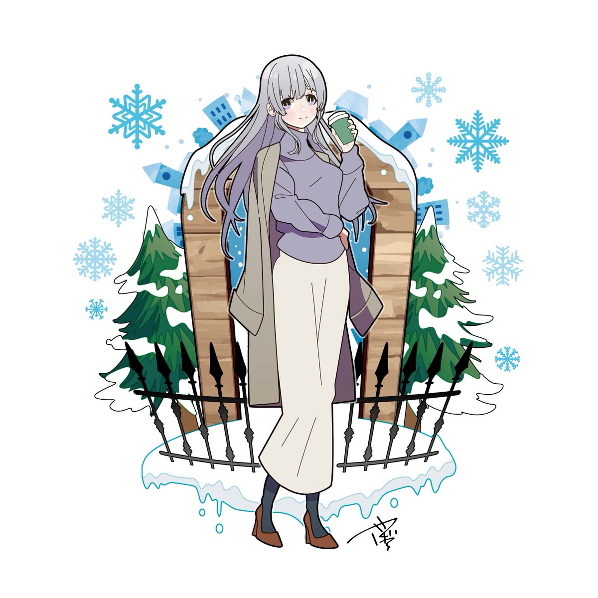 yukoku kiriko 1girl solo holding cup snowflakes cup grey hair skirt  illustration images