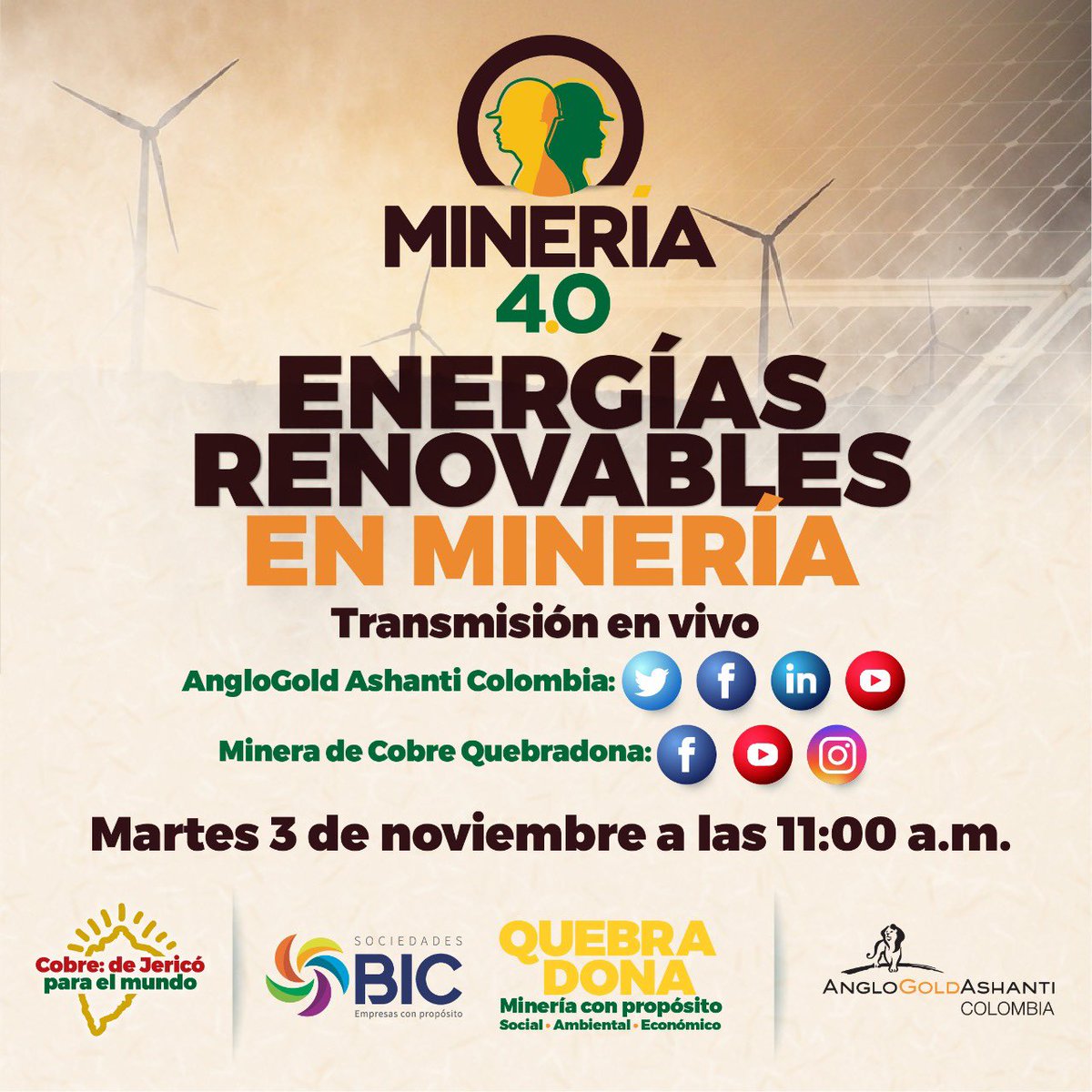 Minería 4.0: próximo martes 3 de noviembre  <a href="/AGAColombia/">AngloGold Ashanti Colombia</a> <a href="/FelipeMarquezRo/">Felipe Marquez R.</a> <a href="/Marilula/">Mariana</a> <a href="/HablemosMineria/">Hablemos de Minería</a> <a href="/ANMColombia/">AgenciaNaldeMinería</a> <a href="/acmineriacol/">Asociación Colombiana de Minería</a> <a href="/JuanCQuinteroM/">Juan Camilo Quintero</a> <a href="/jcnarino/">Juan Camilo Nariño</a> <a href="/DiegoMesaP/">Diego Mesa</a> <a href="/Sarosava/">Sandra Sandoval V.</a> <a href="/ICMM_com/">ICMM</a> <a href="/C4IRColombia/">Centro para la Cuarta Revolución Industrial</a> @RMF_foundation <a href="/carorojashayes/">Carolina Rojas-Hayes</a> <a href="/MinEnergiaCo/">Minenergía</a> <a href="/juventudmineria/">Juventud Minera</a> <a href="/paisminero/">Minería y Energía</a>
