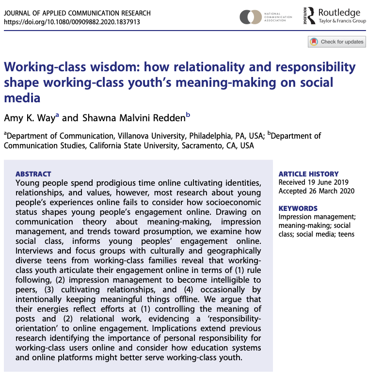 ProfWay's tweet photo. Hot off the press! Just got word that my most recent manuscript with @drshawna is officially in print! I'm so proud of this article where we consider how working class youth conceptualize and practice meaningfulness online. Free copies at https://t.co/EyKgcDGeZp https://t.co/R9YRmgjNzh
