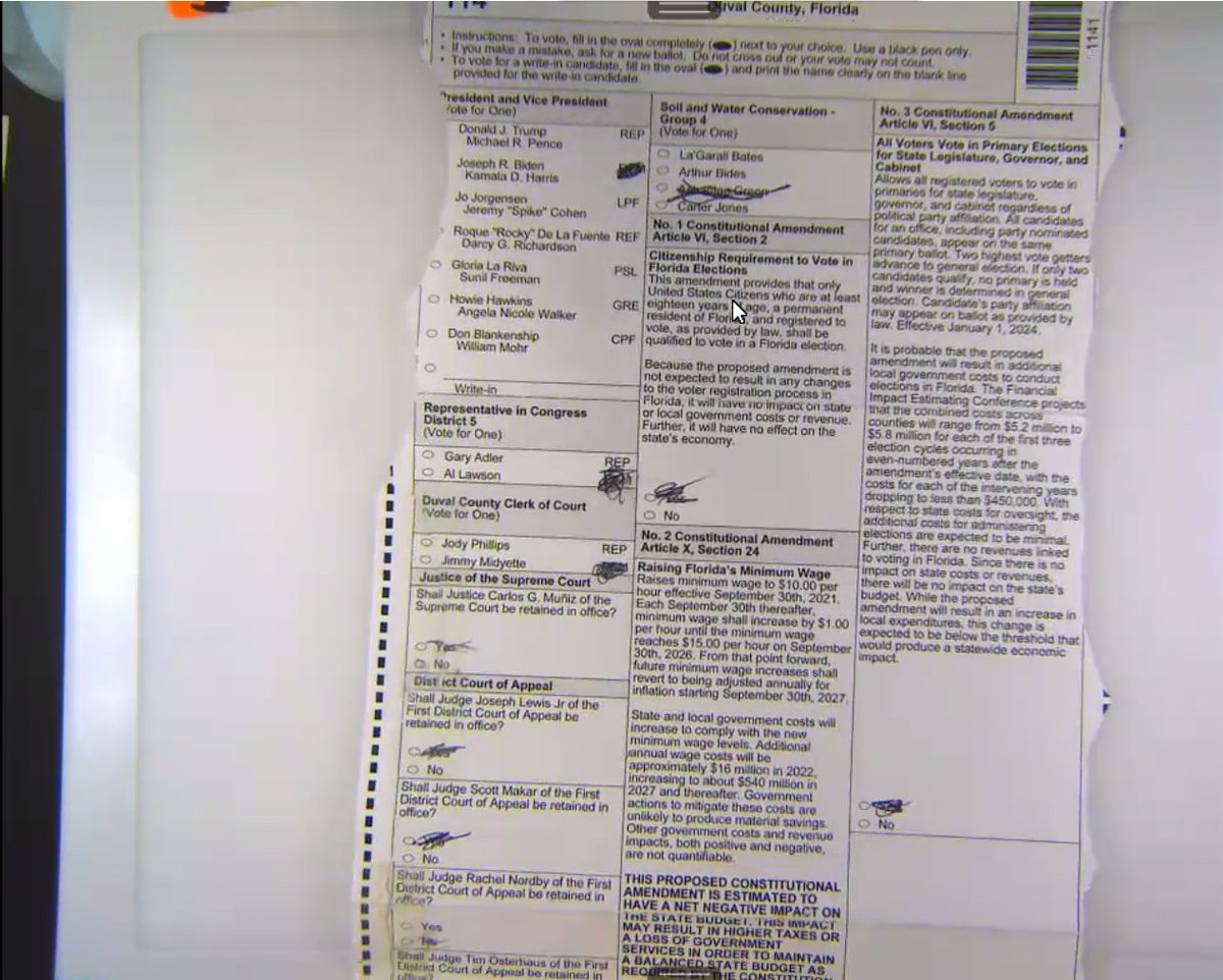 Here's another ballot, very inappropriately filled out, but the rules say if you're consistent and you can determine voter intent, the board can count the votes. Remember to fill in the bubble, not the words.