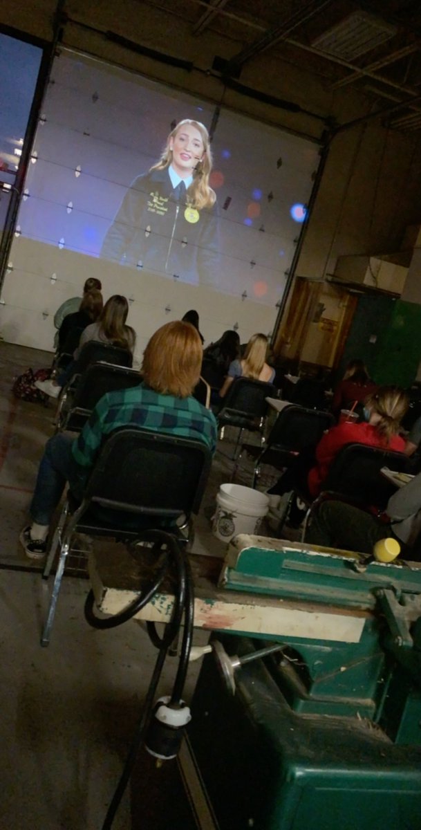CardingtonFFA's tweet photo. Our shop has been transformed into a movie theatre today for our final day of celebrating the National FFA Convention! 

Thank you Central Region VP, @mamie_hertel, for reminding us that we can add value regardless of the volume of our voice or the positions that we hold! #FFA20 https://t.co/CHL3u9VCZv
