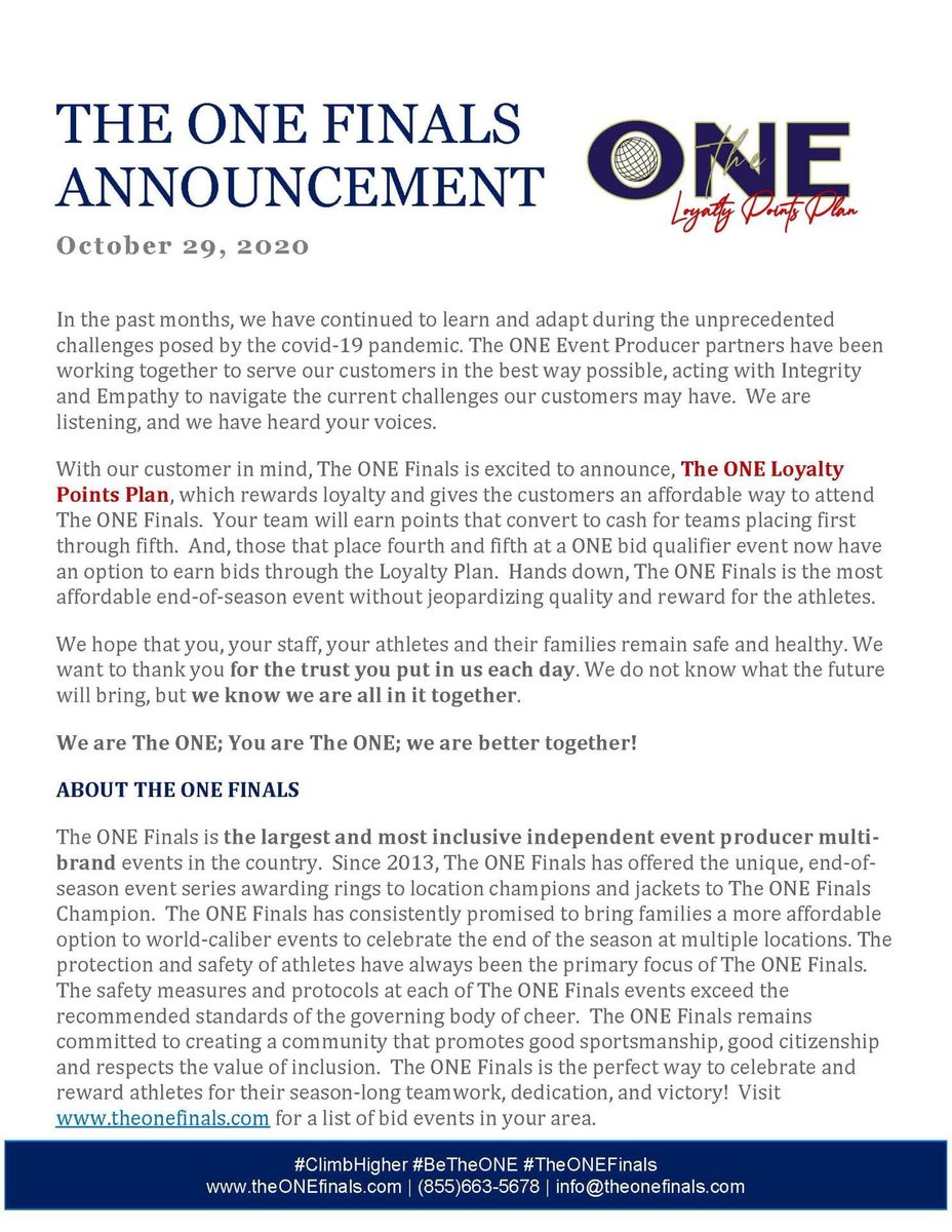 theonefinals's tweet photo. ‼️The ONE Cheer &amp; Dance Finals is expanding our bid giving process and now proud to offer a Loyalty Points Plan. Find out more below and on our website https://t.co/maF1QYlukH or call (855)663-5678 - We are The ONE; You are The ONE; we are better together! #BeTheONE
@cheerUPDATES https://t.co/KtqGmvDviR