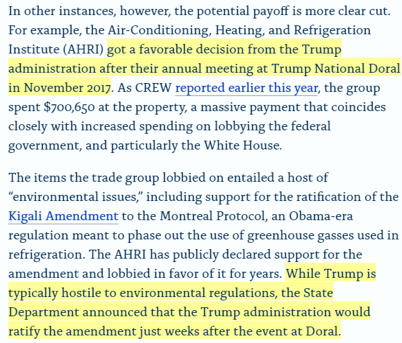 5/ Groups large and small have learned that holding expensive events that the president profits from is a part of doing business in Trump's Washington, and it's paying off.Take the AHRI, which spent $700k at Doral, and got a favorable decision within weeks
