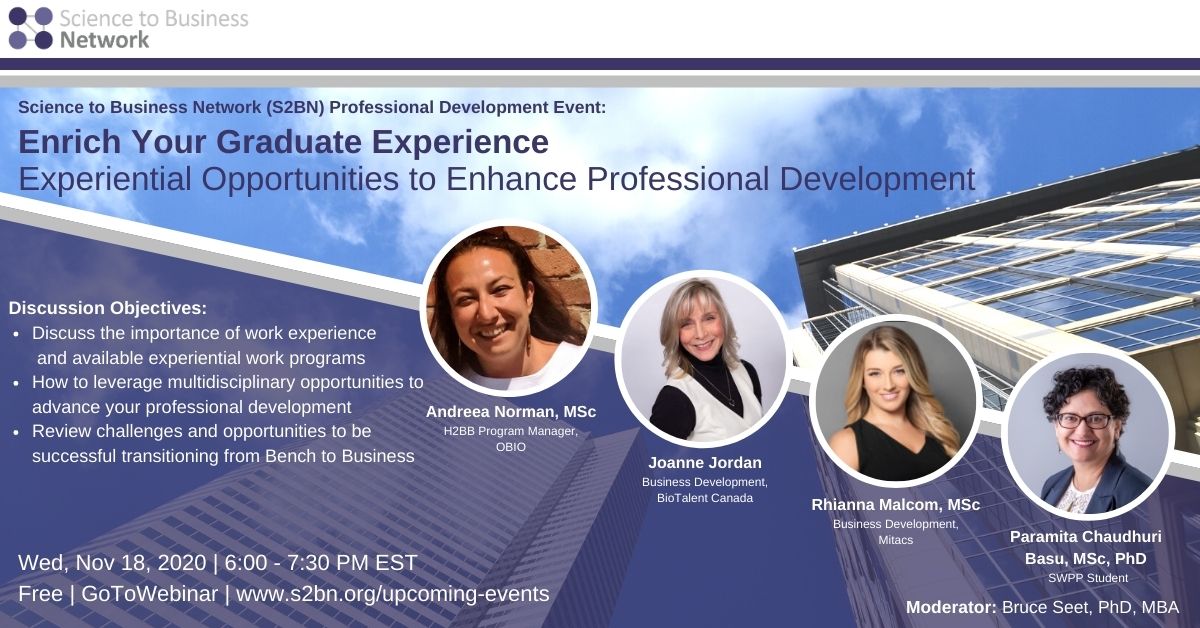 The #S2BN invites you to join us in a virtual #professionaldevelopment event on Nov 18, 6-7:30 pm EST.

Our panelists highlight programs that support work experience and experiential learning opportunities for graduate students.

Register 👉 s2bn.org/upcoming-events

#BridgeTheGap