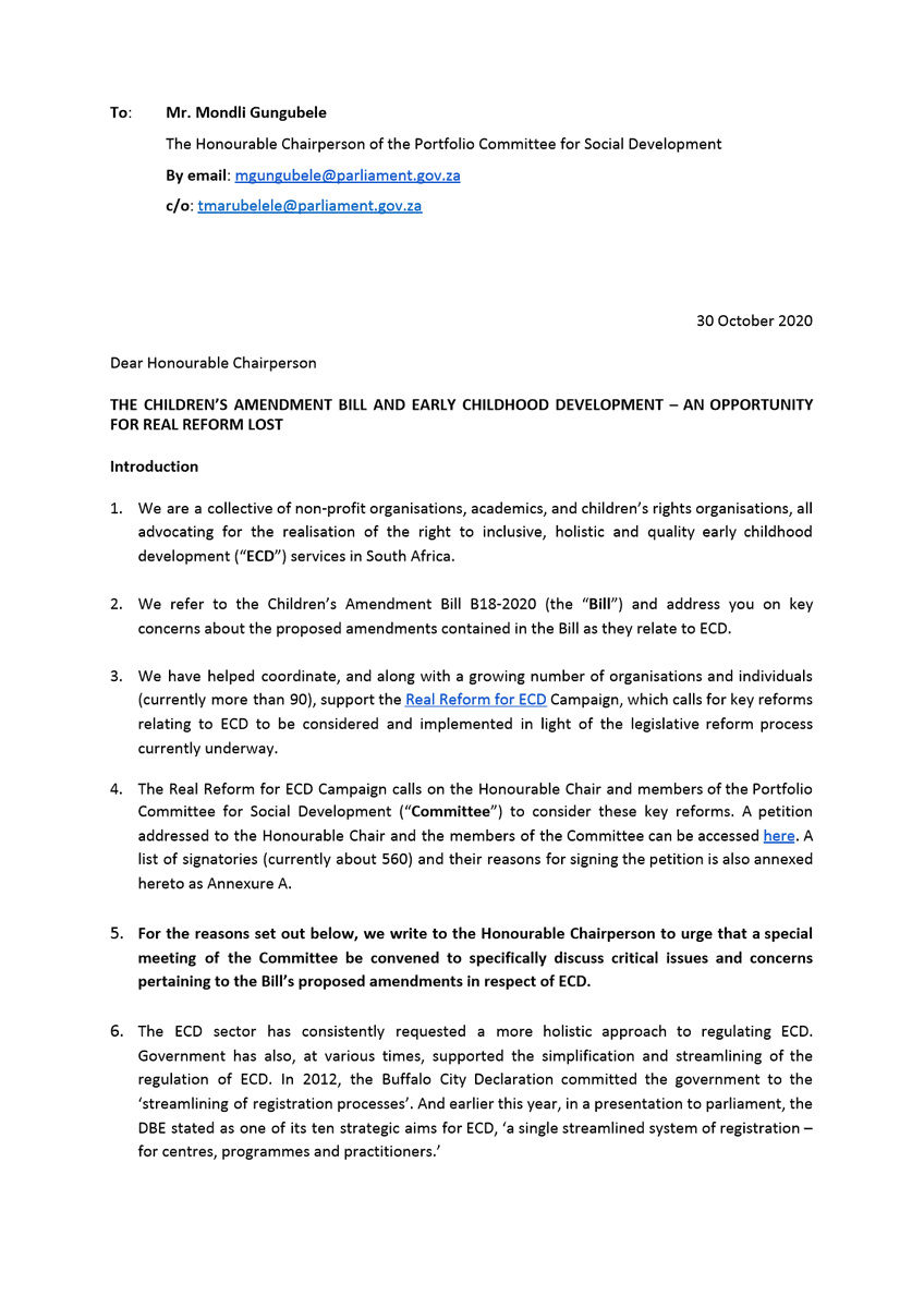 EcdReform's tweet photo. Today the campaign for Real Reform for ECD sent this letter to Mr. Mondli Gungubele The Honourable Chairperson of the Portfolio Committee for Social Development calling for a special
meeting of the Committee to discuss concerns with the Bill with regards to ECD. #ECDinParly https://t.co/jperlk43oW