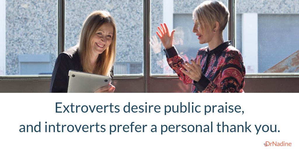 Extroverts desire public praise, and introverts prefer a personal thank you. https://t.co/XERvOwM5wn #executivecoach #leadership #drnadine #entrepreneur #management #HR #atdsrleaders #executive #introvert #empower #connection #culture #introverts #extrovert #extroverts https://t.co/Rs5xRtaBVq