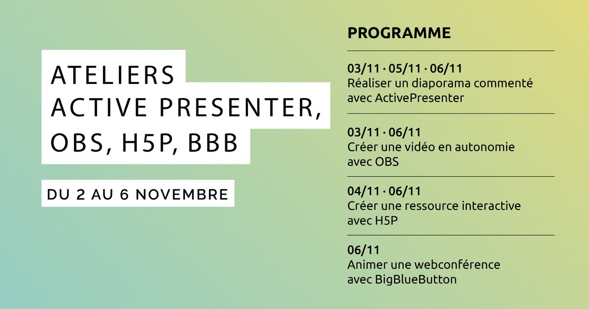 CemuCaen's tweet photo. Les #ateliers de présentation et prise en main d'outils pour enseigner à distance en asynchrone continuent en ligne
#OBS #H5P #BigBlueButton #ActivePresenter
⏳ Durée : une heure
👉 Toutes les infos sur https://t.co/OfdwiQE9NT
Le programme de la semaine prochaine ⤵️ https://t.co/DB8IRmXezA
