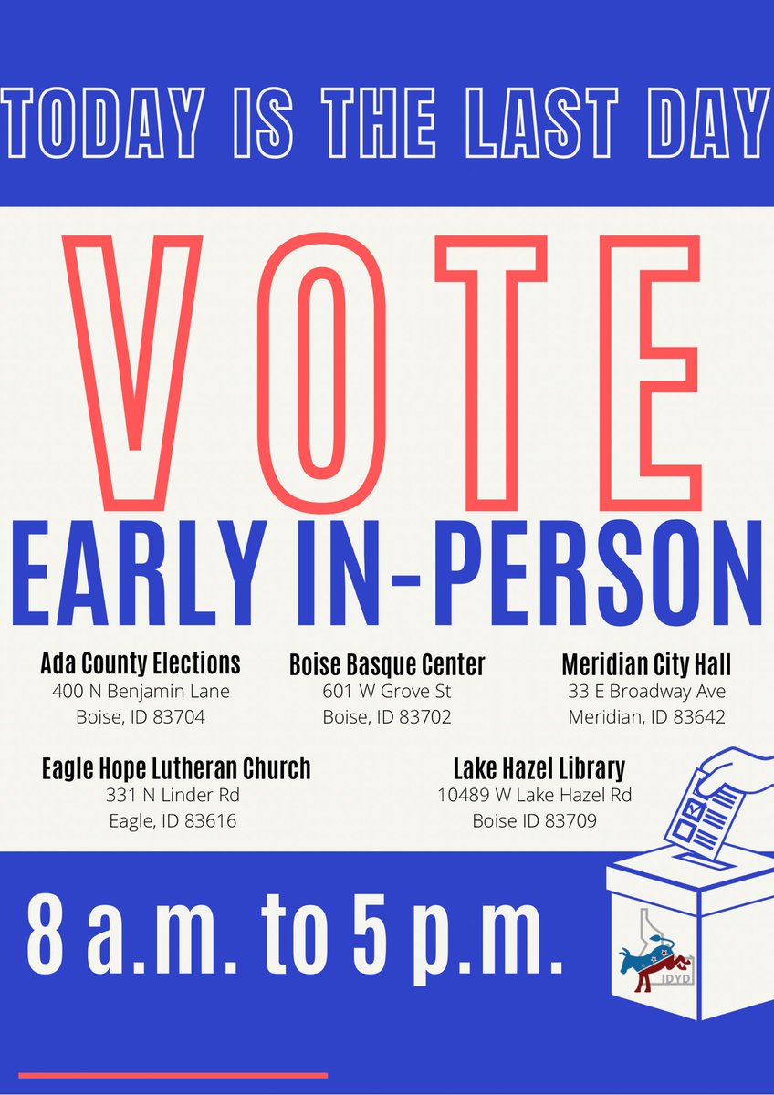 idyoungdems's tweet photo. TODAY is the last day to vote early at the polls. If you haven’t sent in your absentee ballot, drop it off or void it and cast your ballot in person. #vote #idahovotes #idpols #voteblue #VoteBlueDownBallot https://t.co/nzwVSpq2sC