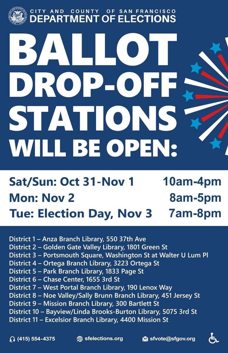 bcef's tweet photo. Official San Francisco ballot drop-off stations open across The City Saturday, October 31 including at multiple SF Public Library branch locations! For a complete list of official ballot drop-off stations, visit
https://t.co/G3w2QzSov0.
#vote #VoteSafeCA #VoteSF #SFElectionReady https://t.co/Giu64LtPcg