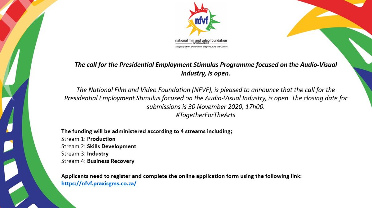 nfvfsa's tweet photo. WE ARE LIVE!!!
The call for the Presidential Employment Stimulus (PESP) Programme focused on the Audio-Visual Industry, is open.
The PESP is set to create jobs across the audiovisual sector. For more information visit https://t.co/cqtKlnF1dt
Apply at https://t.co/Az5sR9Pp4t https://t.co/n32p3bV6Oh