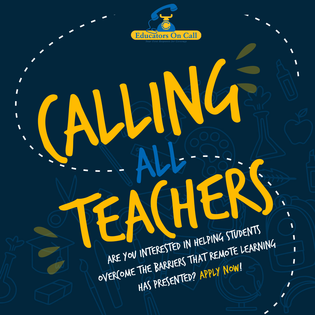 EducatorsOnCall's tweet photo. Are you a teacher looking for work? We're hiring In-Person &amp; Remote Instructors for K-12 Support!  Click the link in our bio to APPLY NOW! #Recruitment #Hiring #NowHiring #COVID19 #Quarantine #Teacher #HiringTeachers #TeachersOfInstagram #TeacherLife https://t.co/mXw9voqnoU