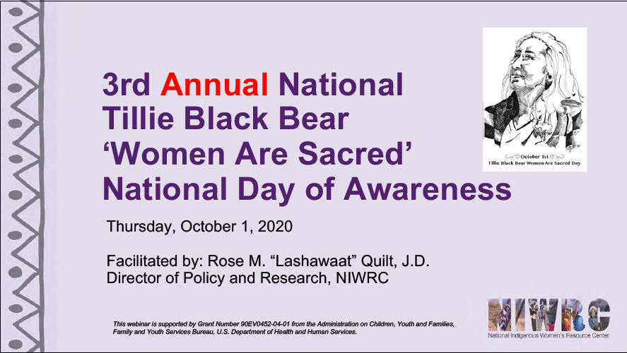 niwrc's tweet photo. As #DVAM comes to a close, we must continue to honor Tillie Black Bear's legacy and her life's work to end domestic violence.π Watch the recording of NIWRC's Oct 1st webinar, Tillie Black Bear 'Women Are Sacred' National Day of Awareness. https://t.co/yX1FuWOuSj #NativeDVAM https://t.co/ywMozRTIvW