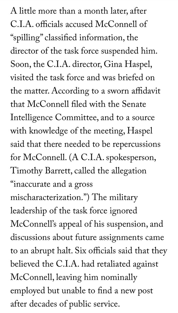 CIA officials repeatedly called for repercussions or consequences for McConnell—Haspel allegedly personally joined those calls, though the agency denies it. McConnell’s lawyer, who also represented the Ukraine whistleblower, called for an investigation into Haspel’s role.