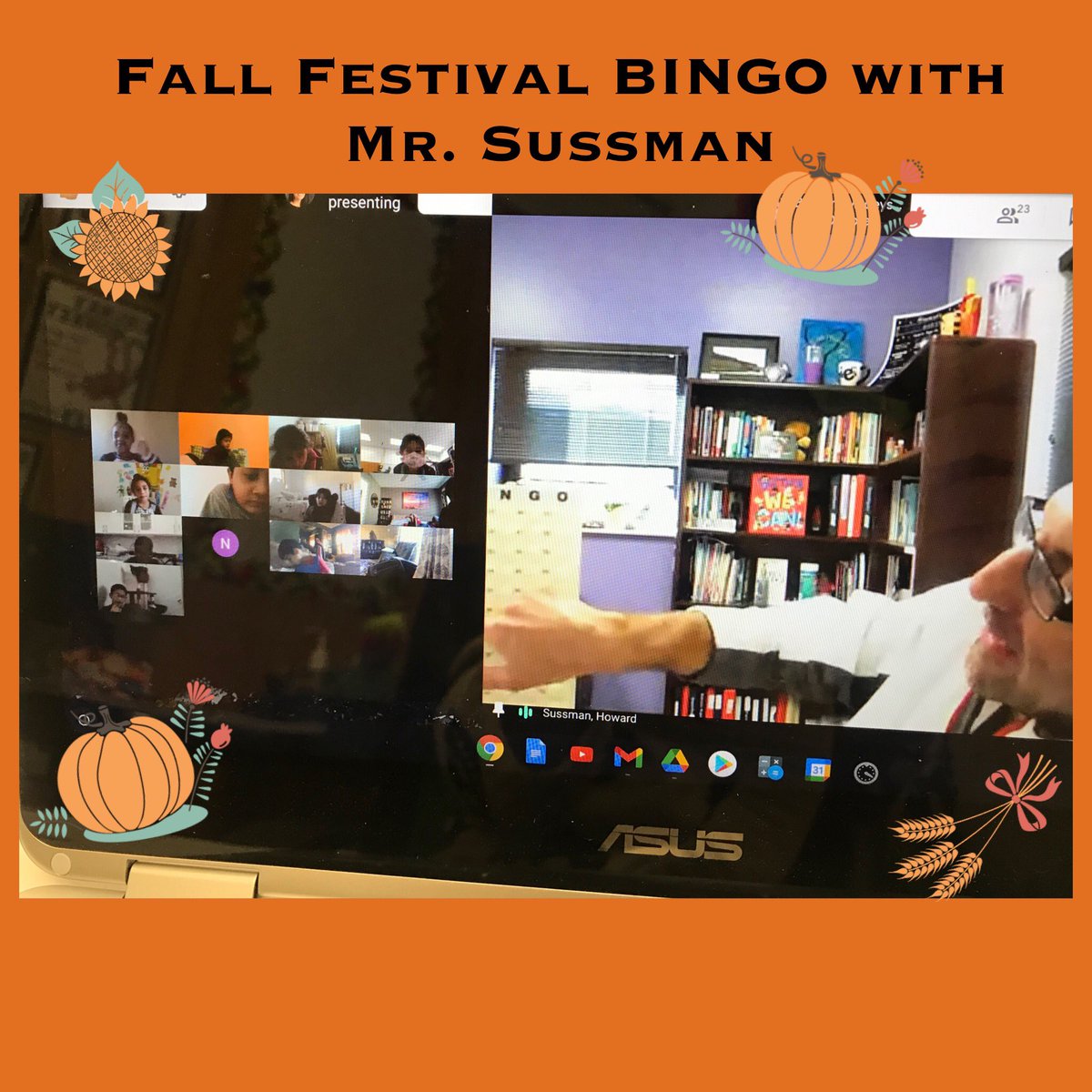 MrsADohertyD63's tweet photo. Room 109 and Mr. Sussman playing virtual BINGO!  Thanks for a fun way to celebrate fall together! 🍁🍂🌾#togetherwecan @sussman_howard @EllianEydis @MarkTwainD63 https://t.co/iOWO3j6eoN