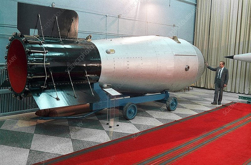 OTD in 1961, the Soviet Union tested the largest-ever thermonuclear bomb—a 50-Mt RDS-220 (originally designed for 100 Mt). The device, later dubbed "Tsar Bomba" in the West, was dropped by a Tu-95 Bear bomber and exploded ~13,123 feet above Novaya Zemlya inside the Arctic Circle.