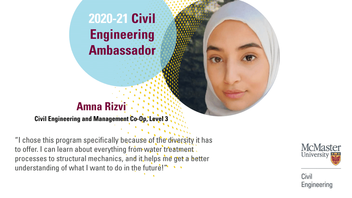 MacCivEng's tweet photo. Meet Amna Rizvi, a Civil Engineering &amp; Management student! #MacCivEngAmbassador

"While there are many things to love about my program, my favorite thing about Civil Engineering at McMaster University is the community feeling." https://t.co/EkJtw7dUlc