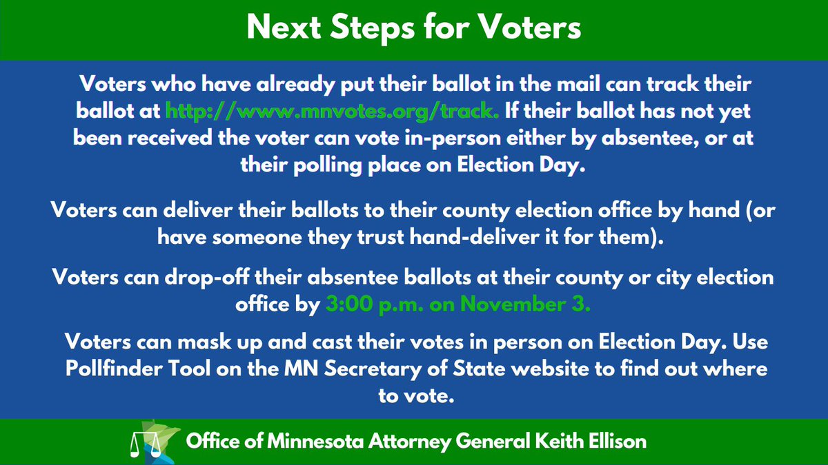 Folks, in light of the 8th circuit decision last night, if you have not already voted and are not planning to vote in person on Tuesday, you should TURN IN YOUR BALLOT IN-PERSON. Here’s how. Please SHARE WIDELY and go to mnvotes.org go learn more.