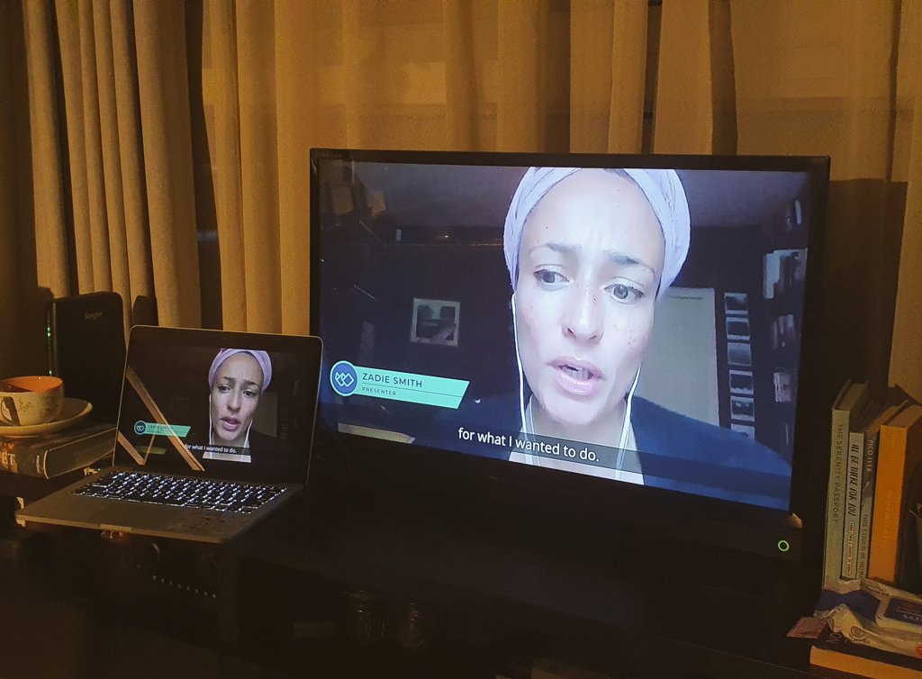ChyeLattte's tweet photo. A lovely treat after a long week -- @joeltheobscure in conversation with the inimitable Zadie Smith. One quote that has stuck tonight (and forevermore): the privacy of feeling is a political equality #SWF2020 https://t.co/sJHRo4lbkx