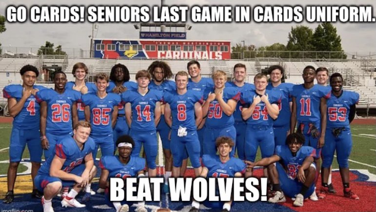 CoachGayDHDL's tweet photo. @TWHSFootball Seniors last game in a Cards uniform. How do you want to go out? #leaveitonthefield #RivalryWeek #beatwolves https://t.co/IqOKVv34OH