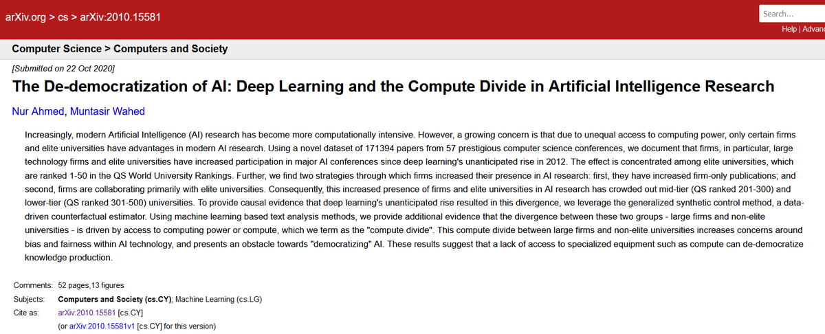 There is a significant inequality in AI research according to a new paper  https://arxiv.org/abs/2010.15581 Core findings:1.Big Tech & elite universities have increased presence in top AI conf's since the rise of deep learning2.Their increased presence has crowded out non-elite unis