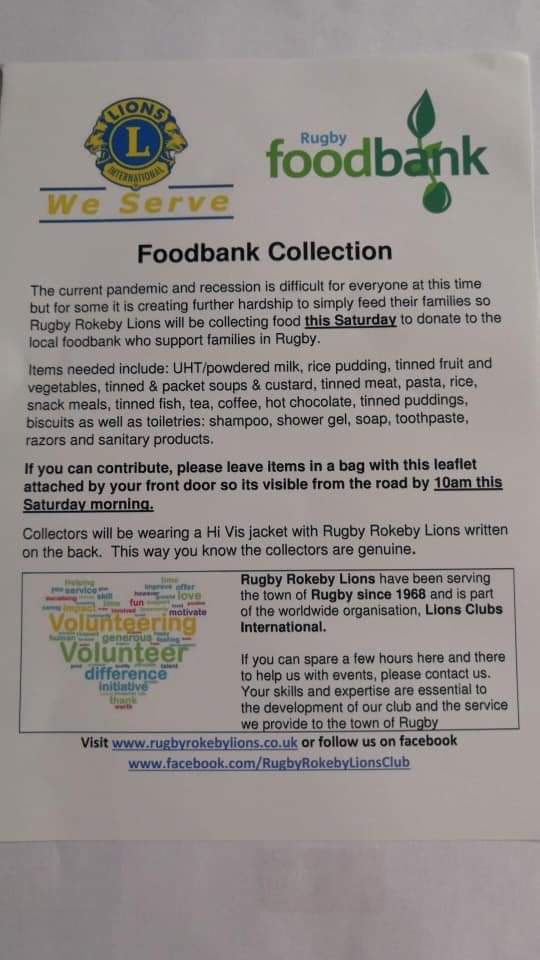 Brownsover Foodbank collection tomorrow 31st as follows :

Strawberry Fields Estate
Ambleside, Buttermere, Hawks Head, Junewood, Kirkstone, Mosedale, Ravenglass, Ulverston, Wavere Court Brunes 
Bow Fell, Elter, Hayes
Coniston Grasmere
Derwent, Foxons Barn Road, more....