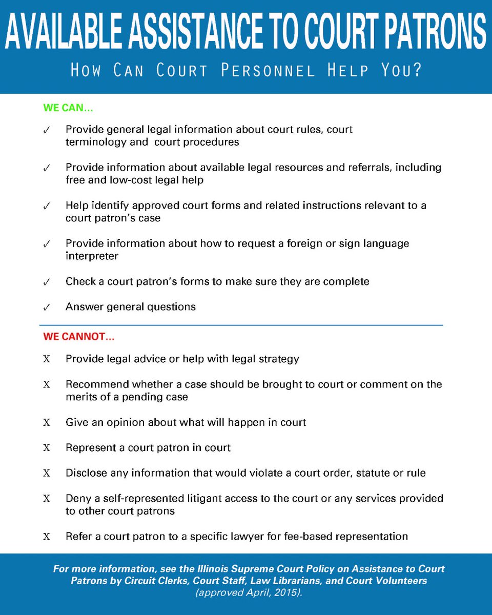 Our office is frequently asked legal questions. We would love to help you, but there are guidelines for the kind of information we can provide. Legal information? Yes. Legal Advice? No. Check out these <a href="/illinoiscourts/">Illinois Supreme Court</a> guides in English and Español!